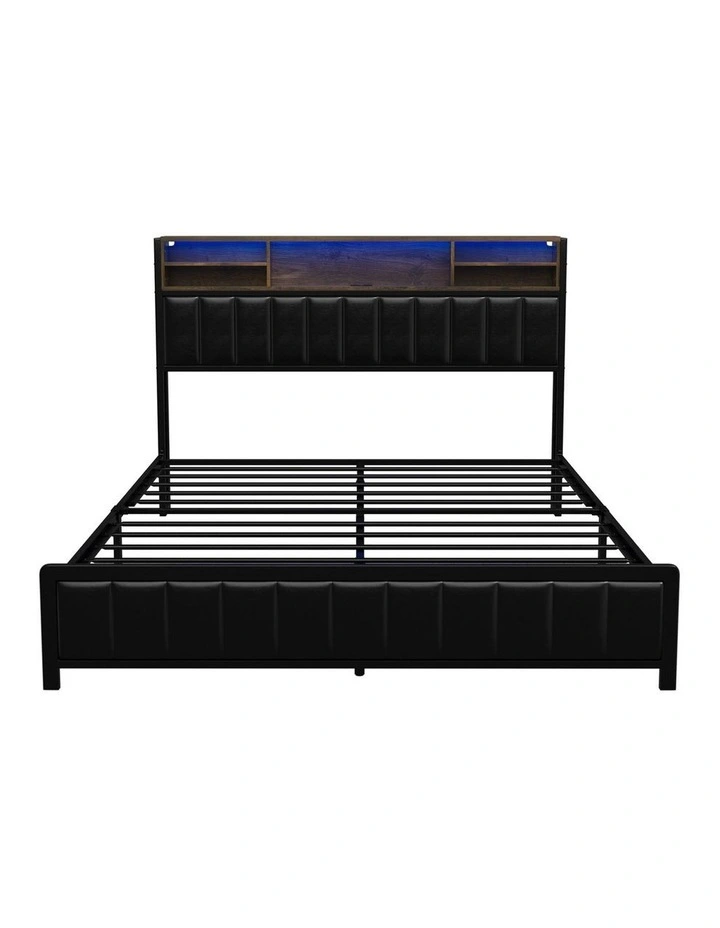 Oikiture Bed Frame Queen Size Beds Base with LED Storage Bedhead USB Charge image 2