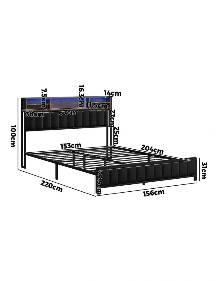 Oikiture Bed Frame Queen Size Beds Base with LED Storage Bedhead USB Charge image 3