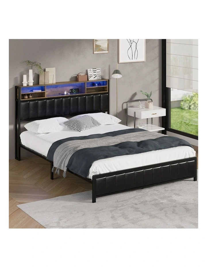 Oikiture Bed Frame Queen Size Beds Base with LED Storage Bedhead USB Charge image 4