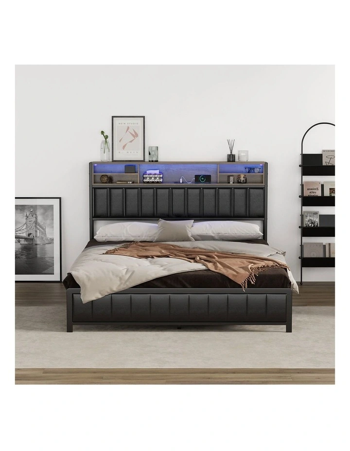 Oikiture Bed Frame Queen Size Beds Base with LED Storage Bedhead USB Charge image 5