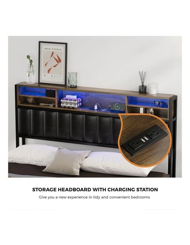 Oikiture Bed Frame Queen Size Beds Base with LED Storage Bedhead USB Charge image 6
