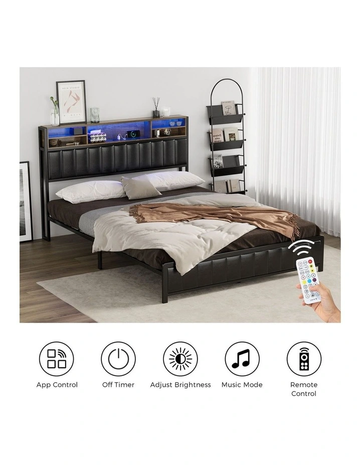 Oikiture Bed Frame Queen Size Beds Base with LED Storage Bedhead USB Charge image 7