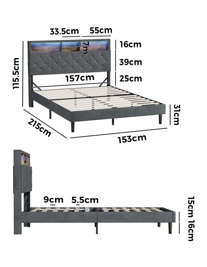 Oikiture Bed Frame Queen Size Beds Base with LED Storage Bedhead NOVI image 3