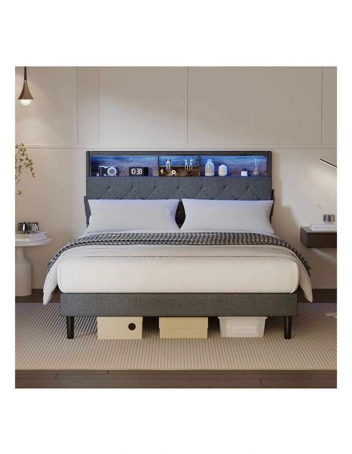 Oikiture Bed Frame Queen Size Beds Base with LED Storage Bedhead NOVI image 5