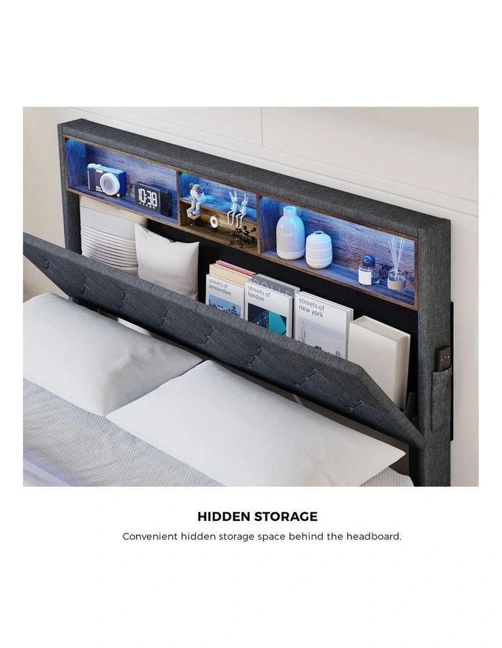 Oikiture Bed Frame Queen Size Beds Base with LED Storage Bedhead NOVI image 7