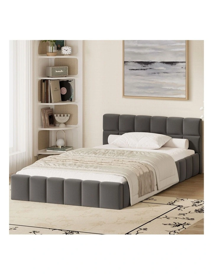 Oikiture Bed Frame King Single Size Tufted Headboard Grey Velvet image 4
