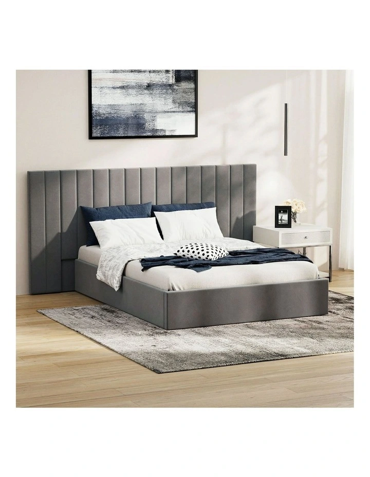 Oikiture Bed Frame Double Size Gas Lift Storage Base Oversized Headboard Velvet image 4