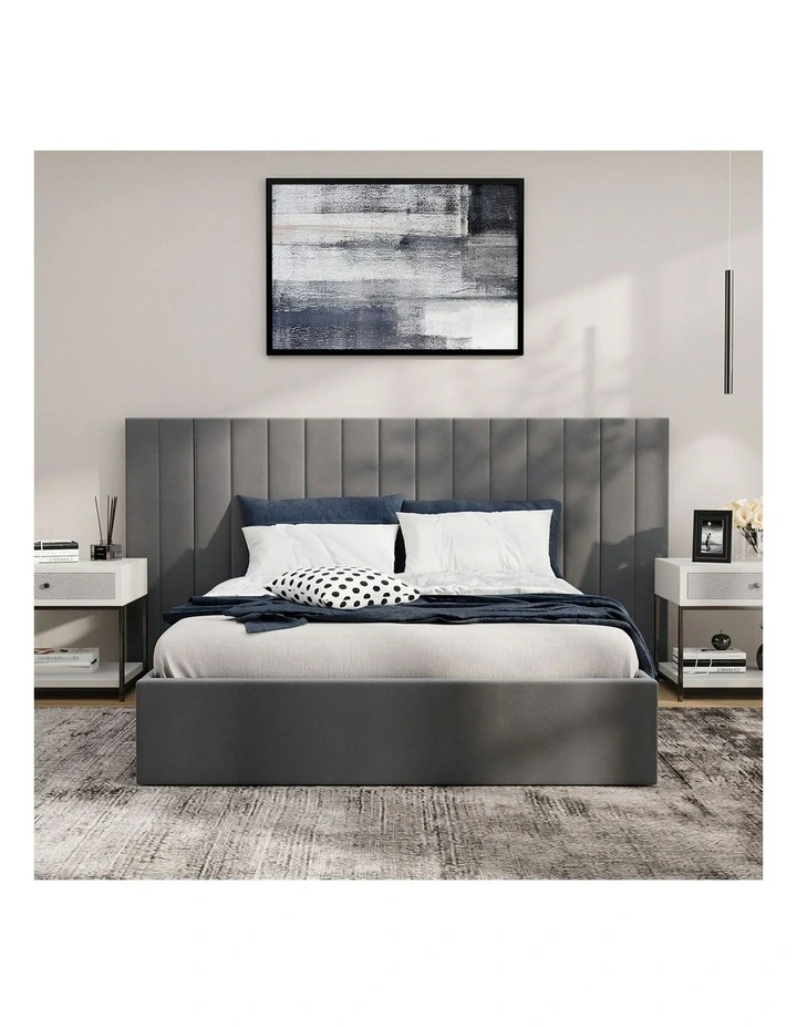 Oikiture Bed Frame Double Size Gas Lift Storage Base Oversized Headboard Velvet image 5