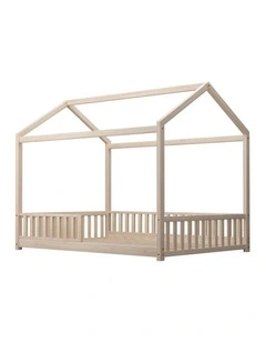 Oikiture Kids Wooden Bed Frame House Beds Platform Double Natural Timber Pine