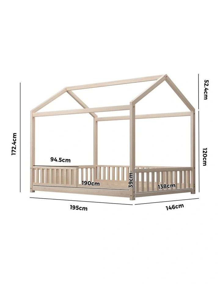 Oikiture Kids Wooden Bed Frame House Beds Platform Double Natural Timber Pine image 3