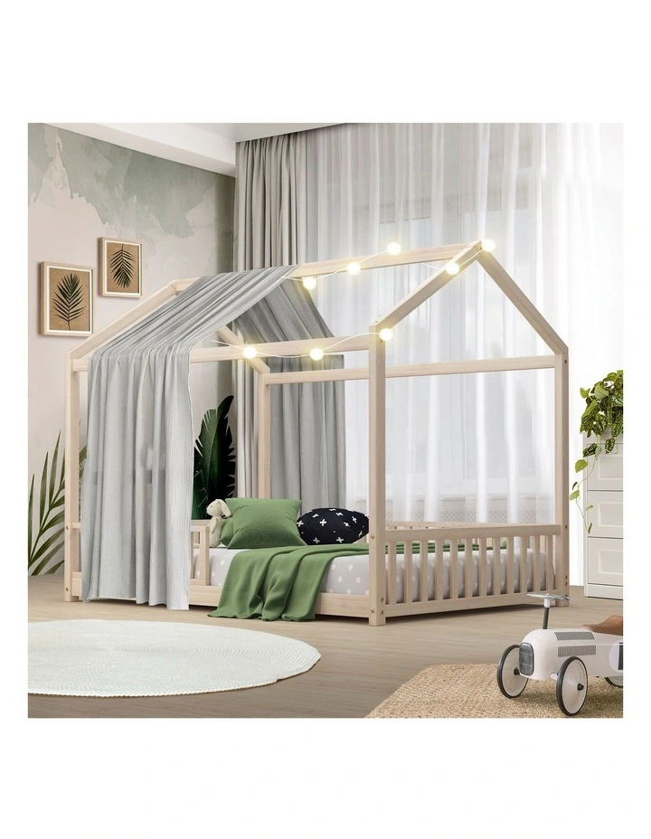 Oikiture Kids Wooden Bed Frame House Beds Platform Double Natural Timber Pine image 4