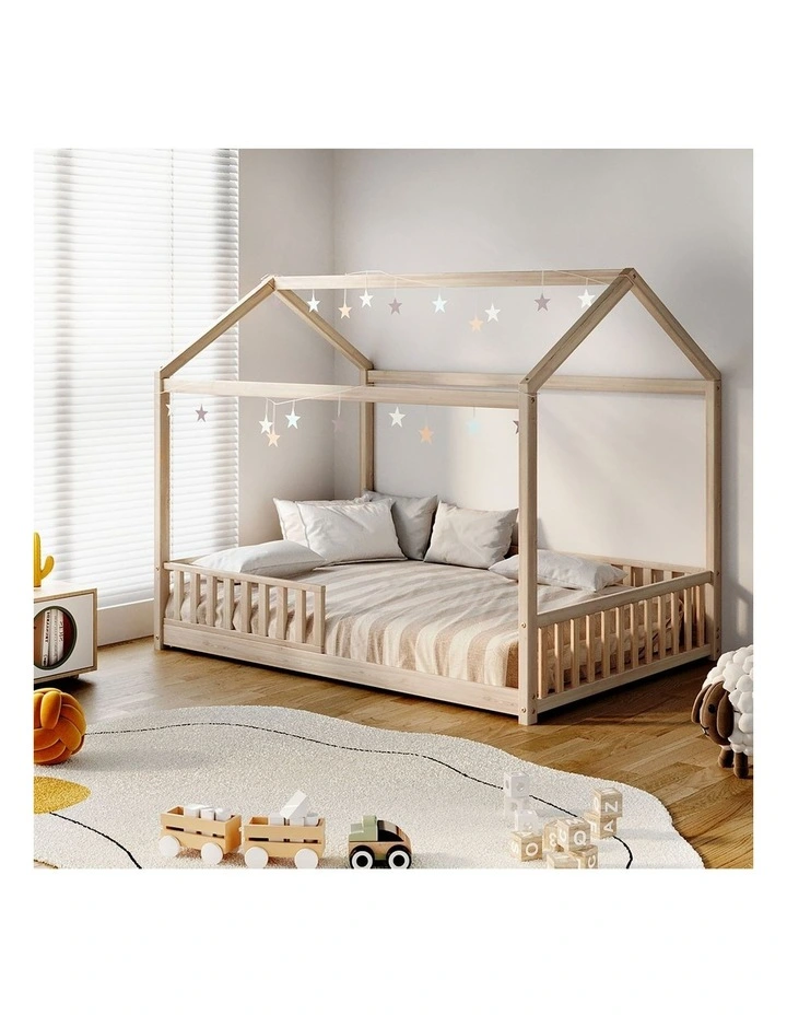 Oikiture Kids Wooden Bed Frame House Beds Platform Double Natural Timber Pine image 5