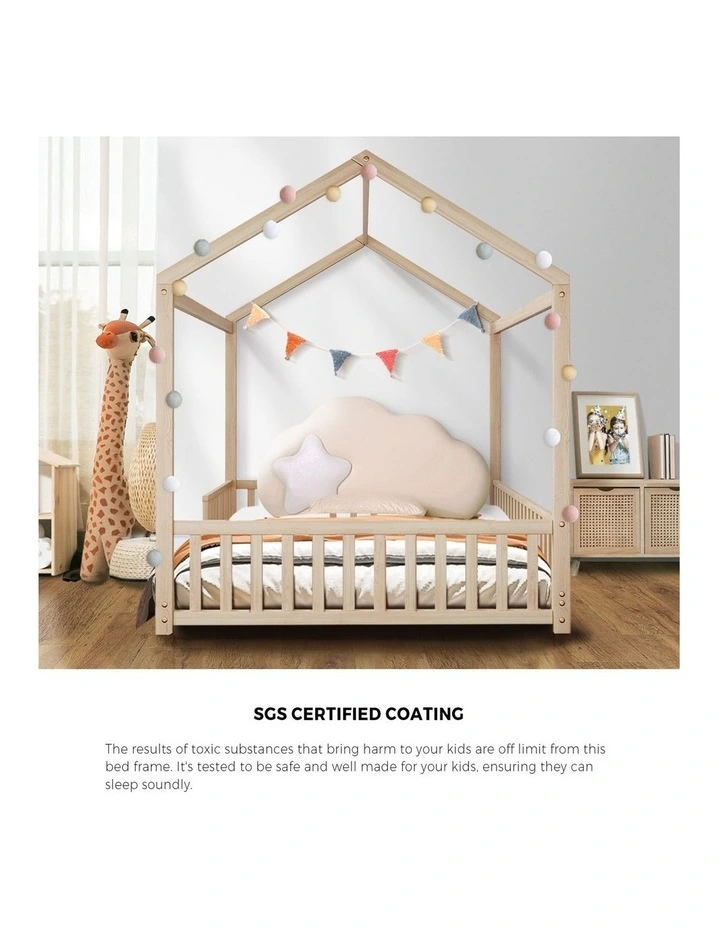 Oikiture Kids Wooden Bed Frame House Beds Platform Double Natural Timber Pine image 6