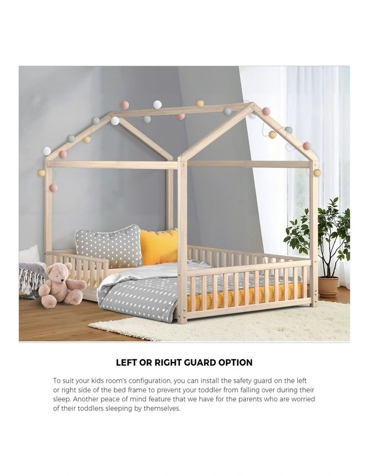 Oikiture Kids Wooden Bed Frame House Beds Platform Double Natural Timber Pine image 7