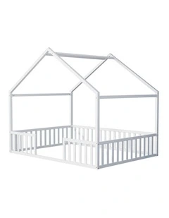 Oikiture Double House Beds Kids Wooden Bed Frame Timber Slats Free Base White