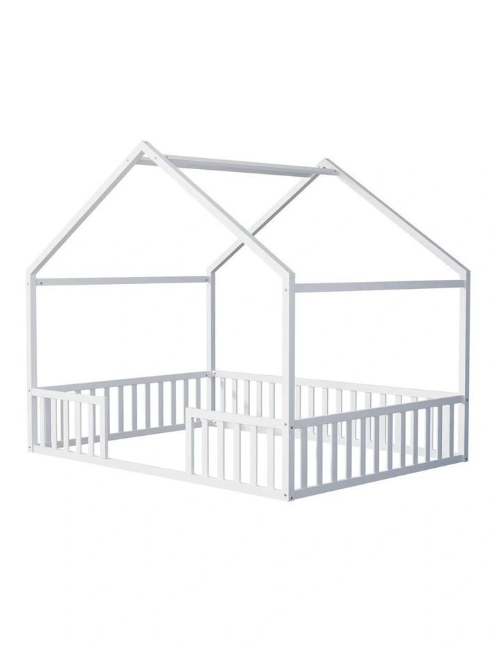 Oikiture Double House Beds Kids Wooden Bed Frame Timber Slats Free Base White image 1