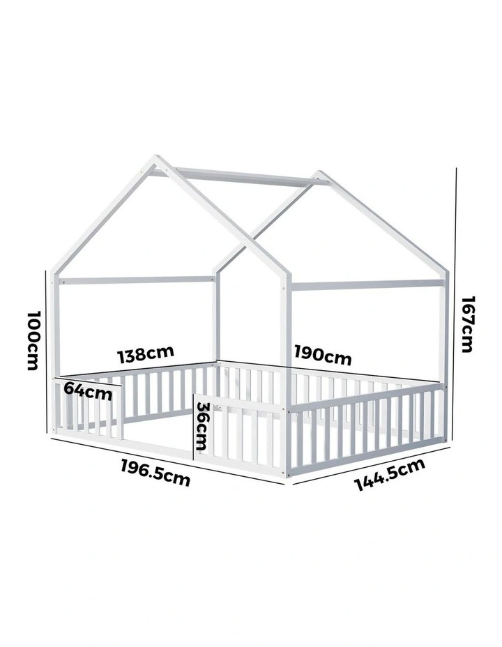Oikiture Double House Beds Kids Wooden Bed Frame Timber Slats Free Base White image 3