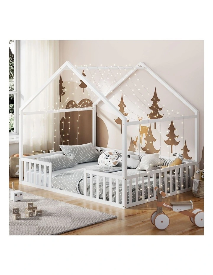 Oikiture Double House Beds Kids Wooden Bed Frame Timber Slats Free Base White image 4