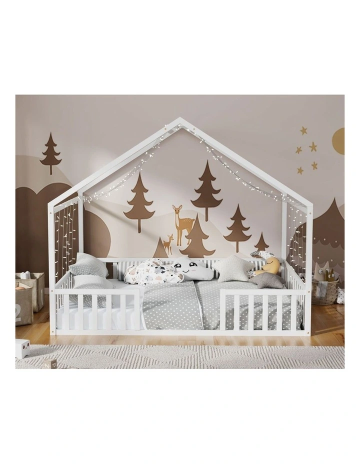 Oikiture Double House Beds Kids Wooden Bed Frame Timber Slats Free Base White image 5