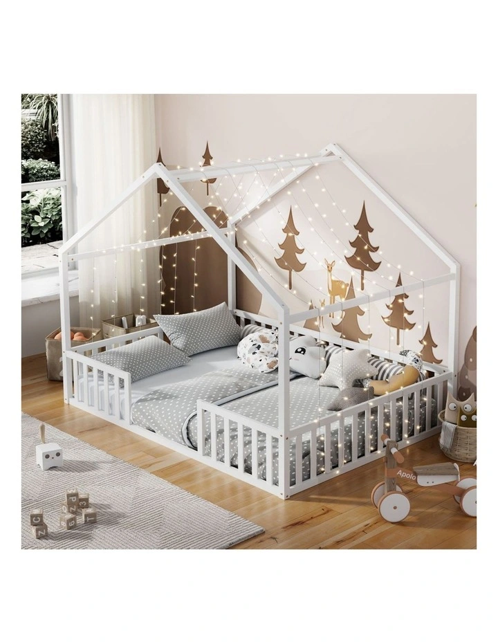 Oikiture Double House Beds Kids Wooden Bed Frame Timber Slats Free Base White image 7