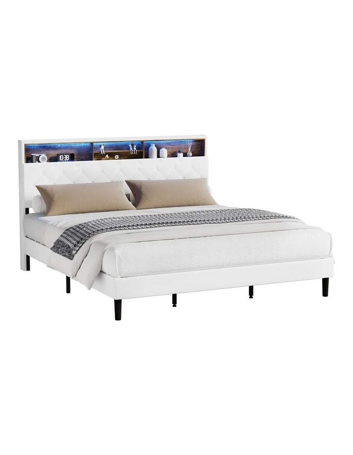 Oikiture Bed Frame King Size Platform Beds with LED Storage Bedhead NOVI image 1