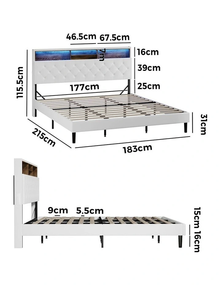 Oikiture Bed Frame King Size Platform Beds with LED Storage Bedhead NOVI image 3