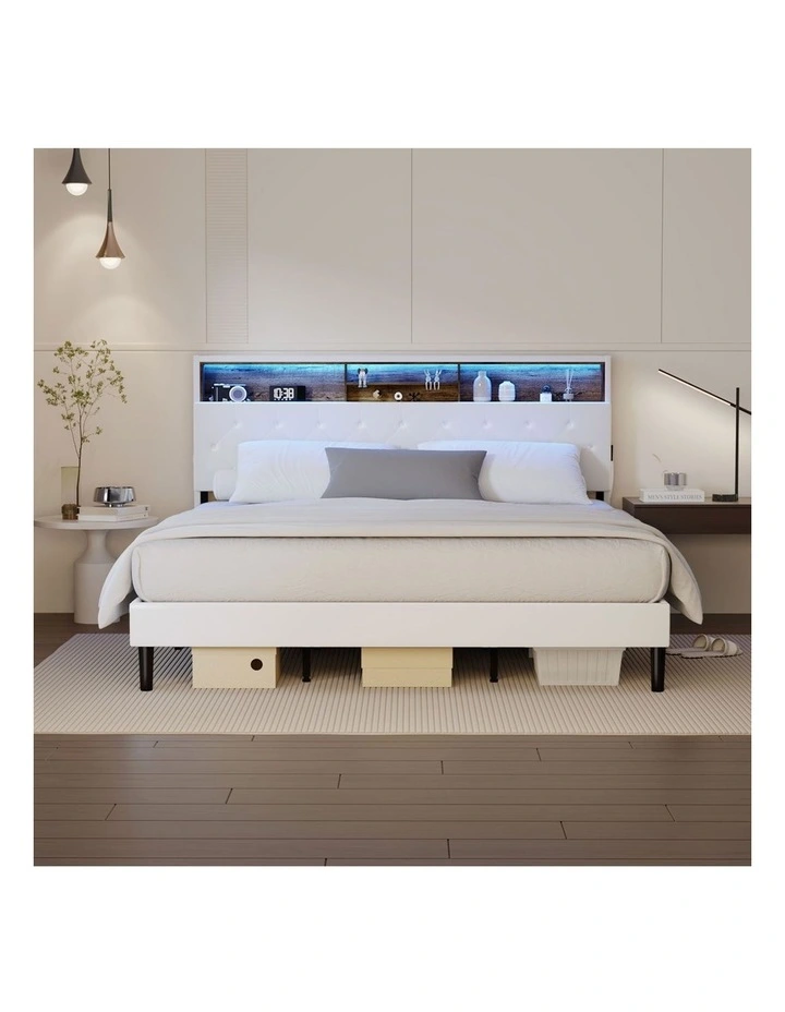 Oikiture Bed Frame King Size Platform Beds with LED Storage Bedhead NOVI image 5