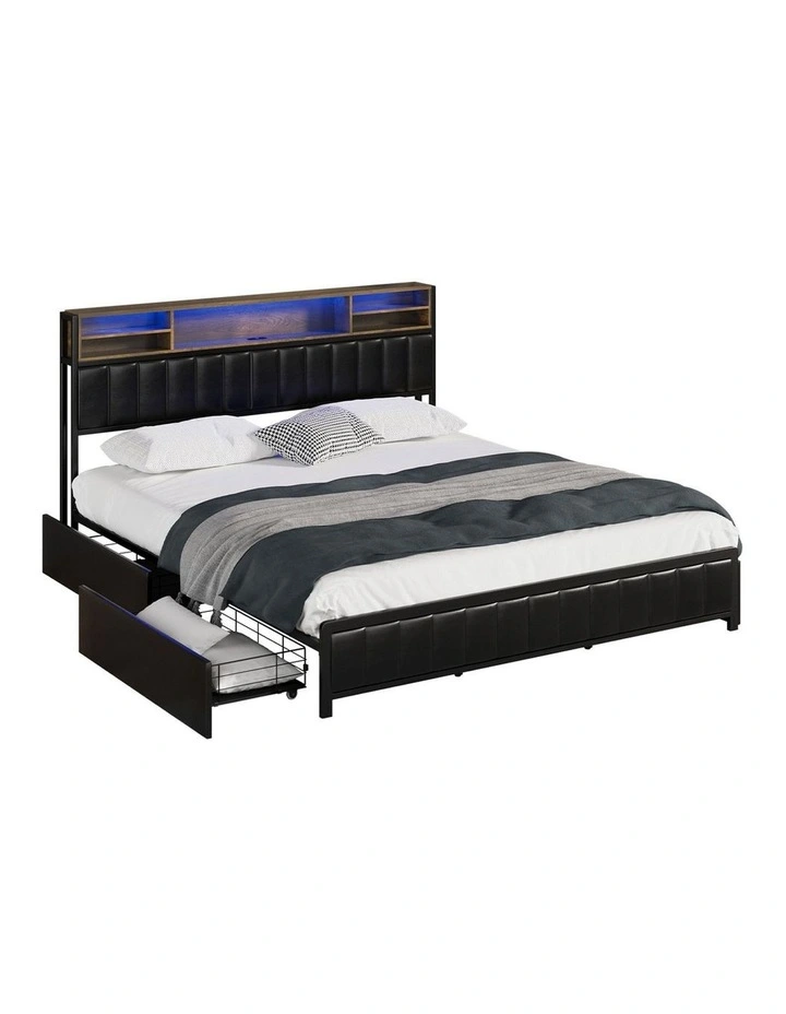 Oikiture Bed Frame King Size with LED Storage Bedhead 4 Drawers USB Charge image 1