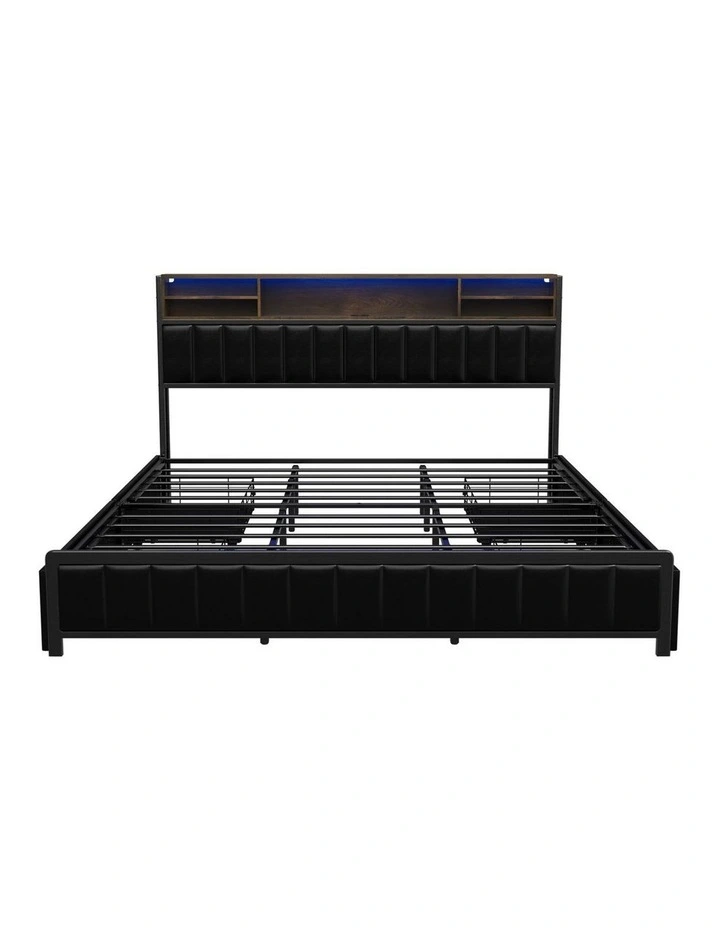 Oikiture Bed Frame King Size with LED Storage Bedhead 4 Drawers USB Charge image 2