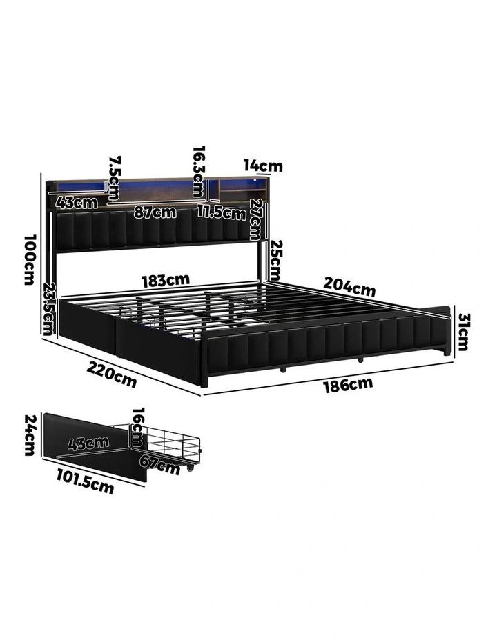 Oikiture Bed Frame King Size with LED Storage Bedhead 4 Drawers USB Charge image 3