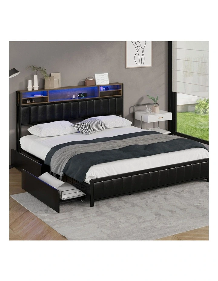 Oikiture Bed Frame King Size with LED Storage Bedhead 4 Drawers USB Charge image 4