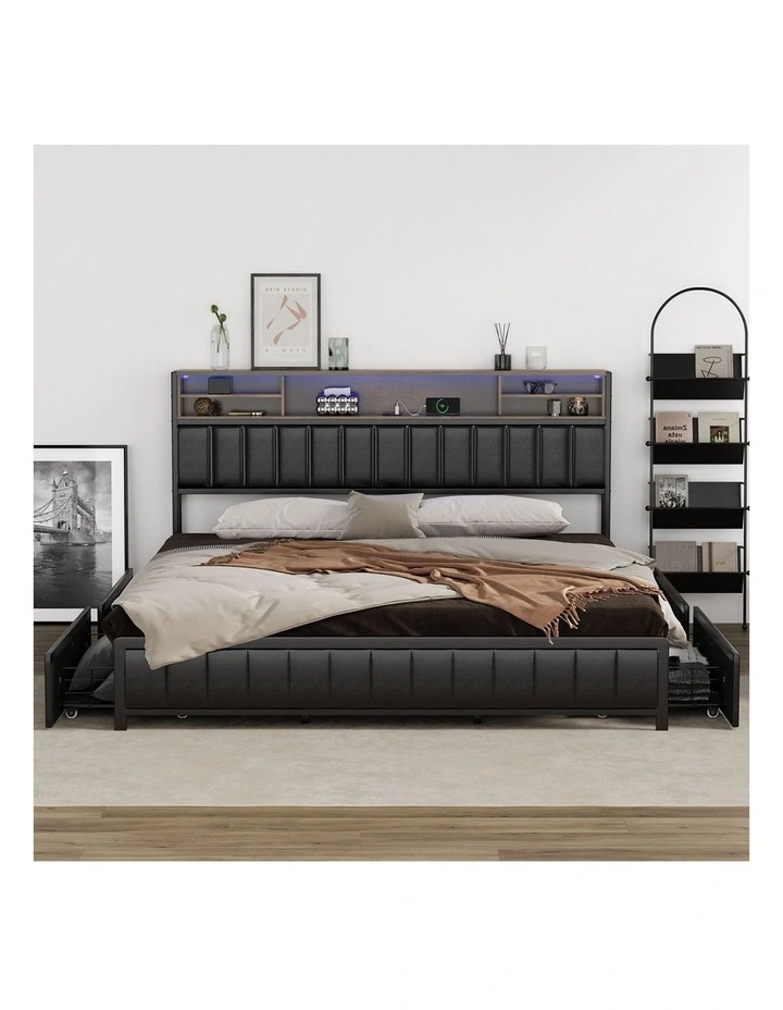 Oikiture Bed Frame King Size with LED Storage Bedhead 4 Drawers USB Charge image 5