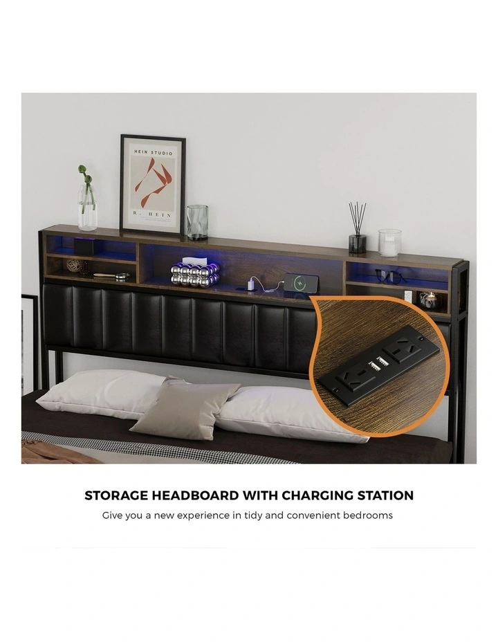Oikiture Bed Frame King Size with LED Storage Bedhead 4 Drawers USB Charge image 6