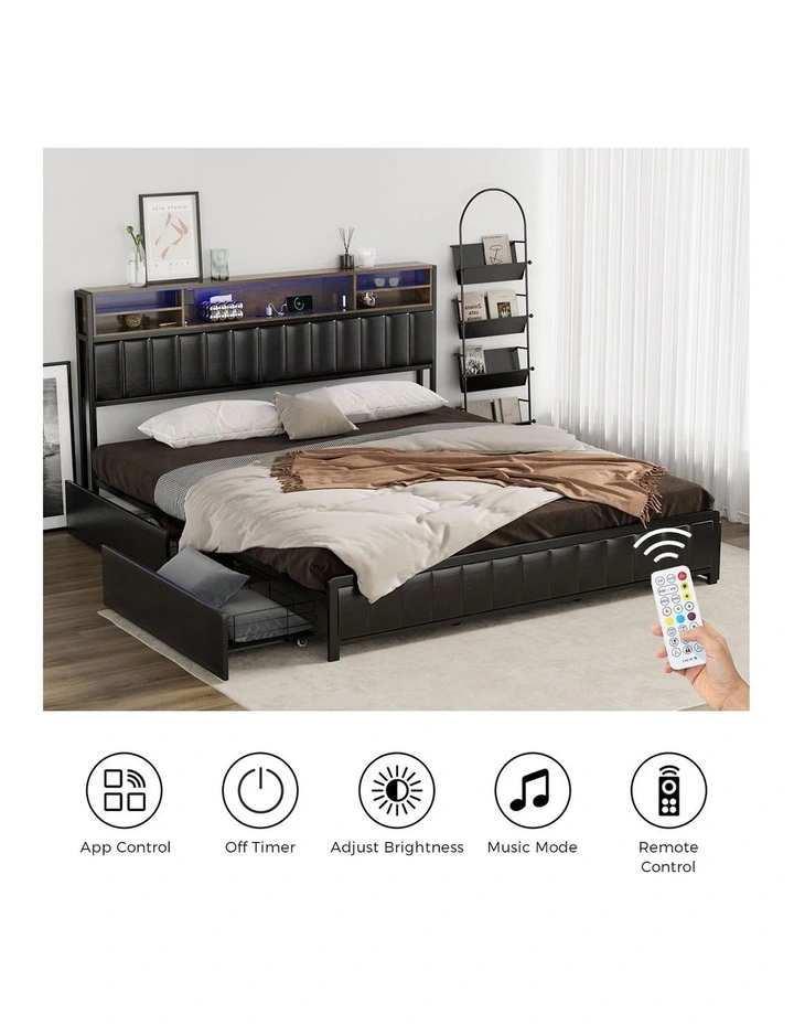 Oikiture Bed Frame King Size with LED Storage Bedhead 4 Drawers USB Charge image 7