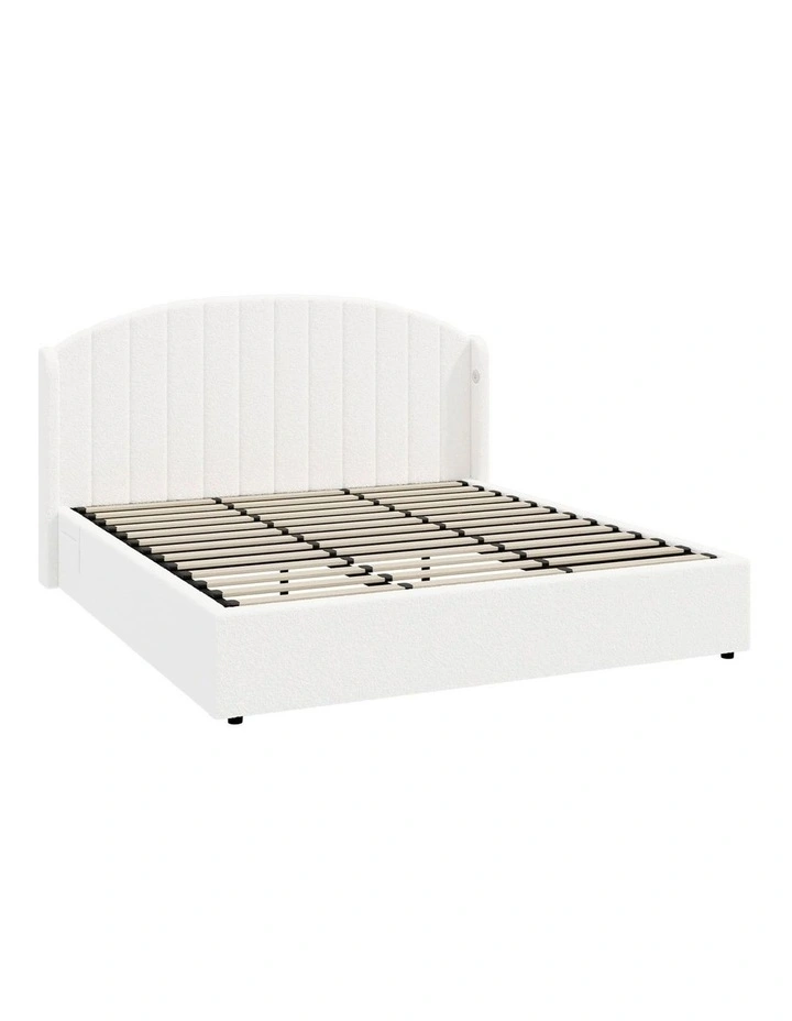 Oikiture Bed Frame King Size With Gas Lift Storage USB Charging Boucle image 1