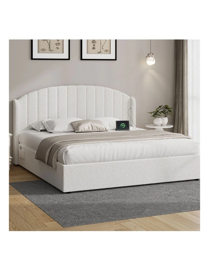 Oikiture Bed Frame King Size With Gas Lift Storage USB Charging Boucle image 4