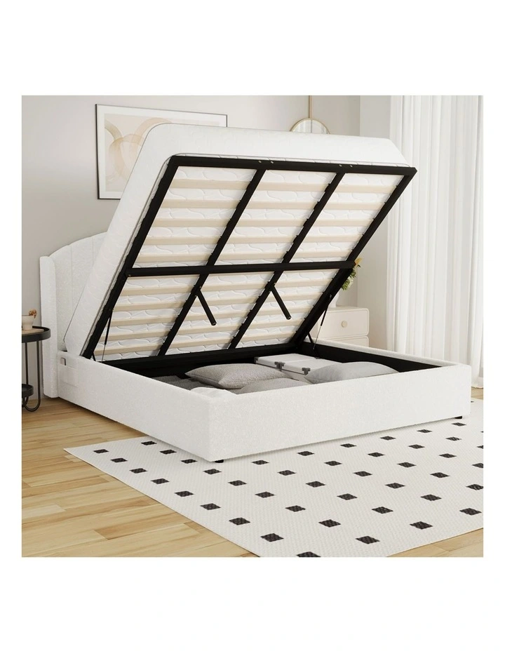 Oikiture Bed Frame King Size With Gas Lift Storage USB Charging Boucle image 5
