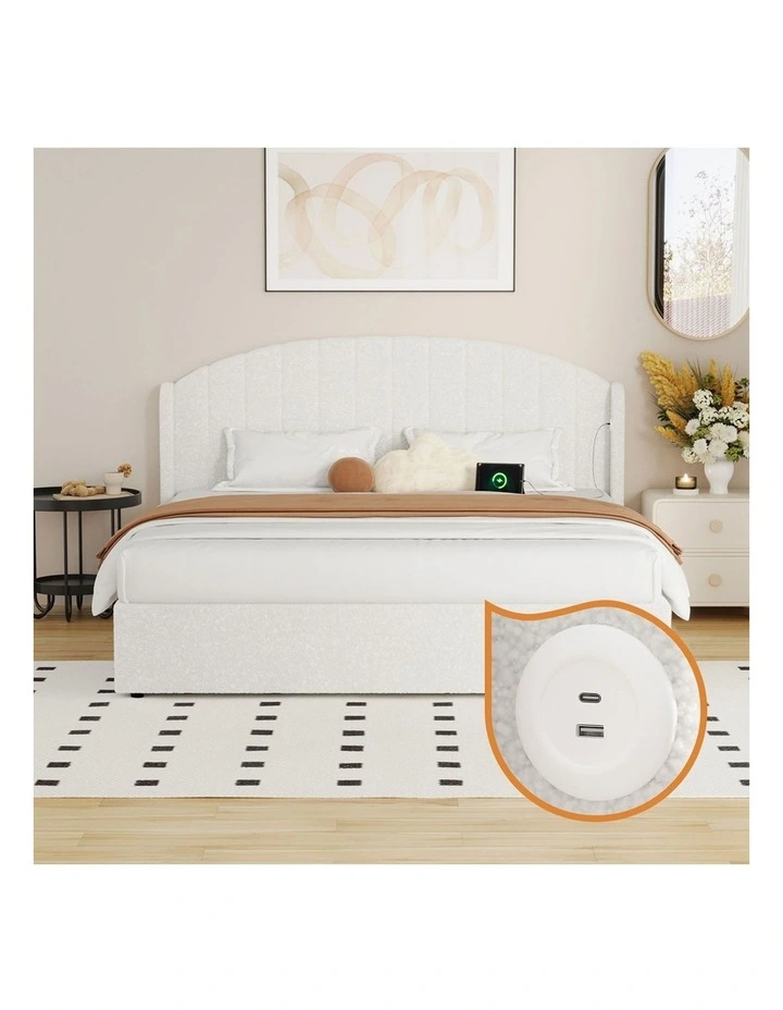 Oikiture Bed Frame King Size With Gas Lift Storage USB Charging Boucle image 6