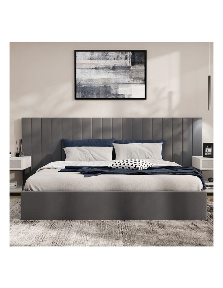 Oikiture Bed Frame King Size Gas Lift Storage Base Oversized Headboard Velvet image 5