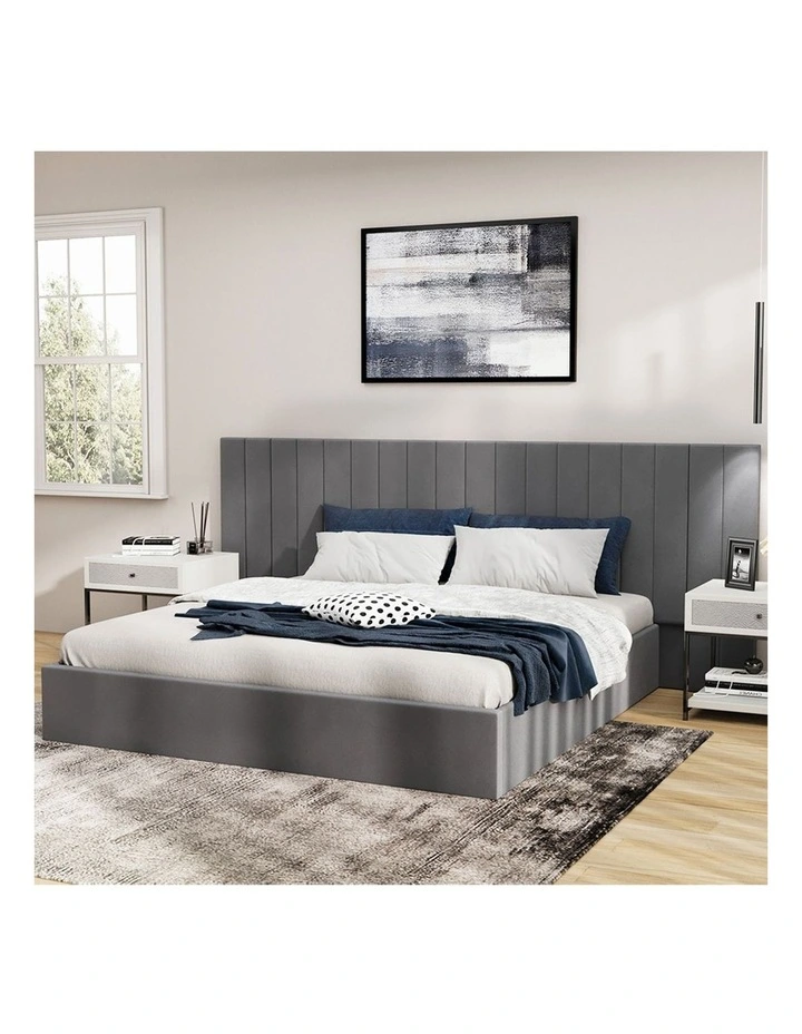 Oikiture Bed Frame King Size Gas Lift Storage Base Oversized Headboard Velvet image 7
