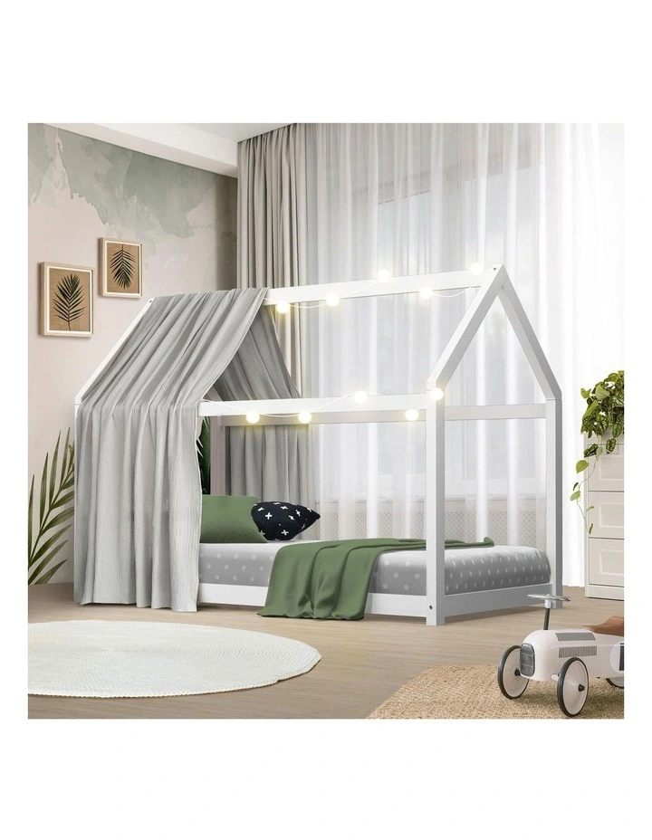 Oikiture Kids Bed Frame Single Wooden Pine House Platform Base Montessori White image 4