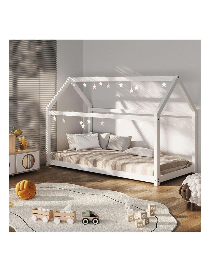 Oikiture Kids Bed Frame Single Wooden Pine House Platform Base Montessori White image 5