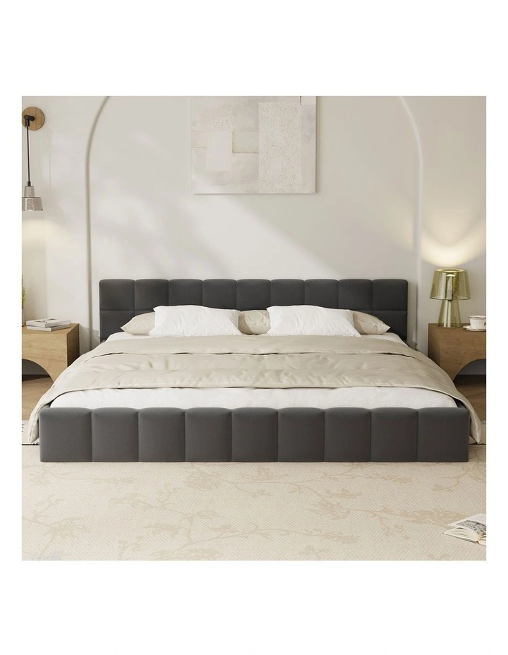 Oikiture Bed Frame King Size Tufted Headboard Grey Velvet image 5