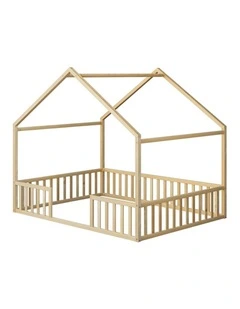 Oikiture Double House Beds Kids Wooden Bed Frame Timber Slats Free Base Natural