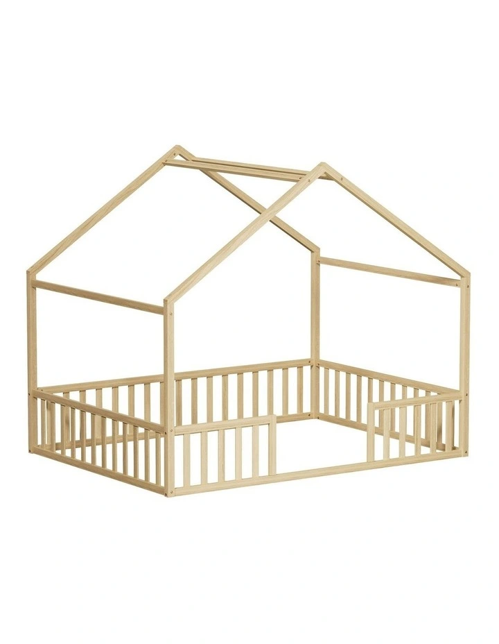 Oikiture Double House Beds Kids Wooden Bed Frame Timber Slats Free Base Natural image 2