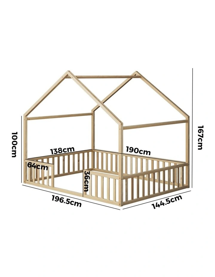 Oikiture Double House Beds Kids Wooden Bed Frame Timber Slats Free Base Natural image 3