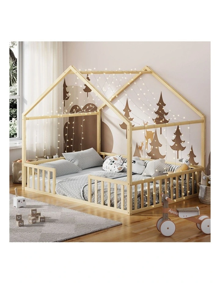 Oikiture Double House Beds Kids Wooden Bed Frame Timber Slats Free Base Natural image 4
