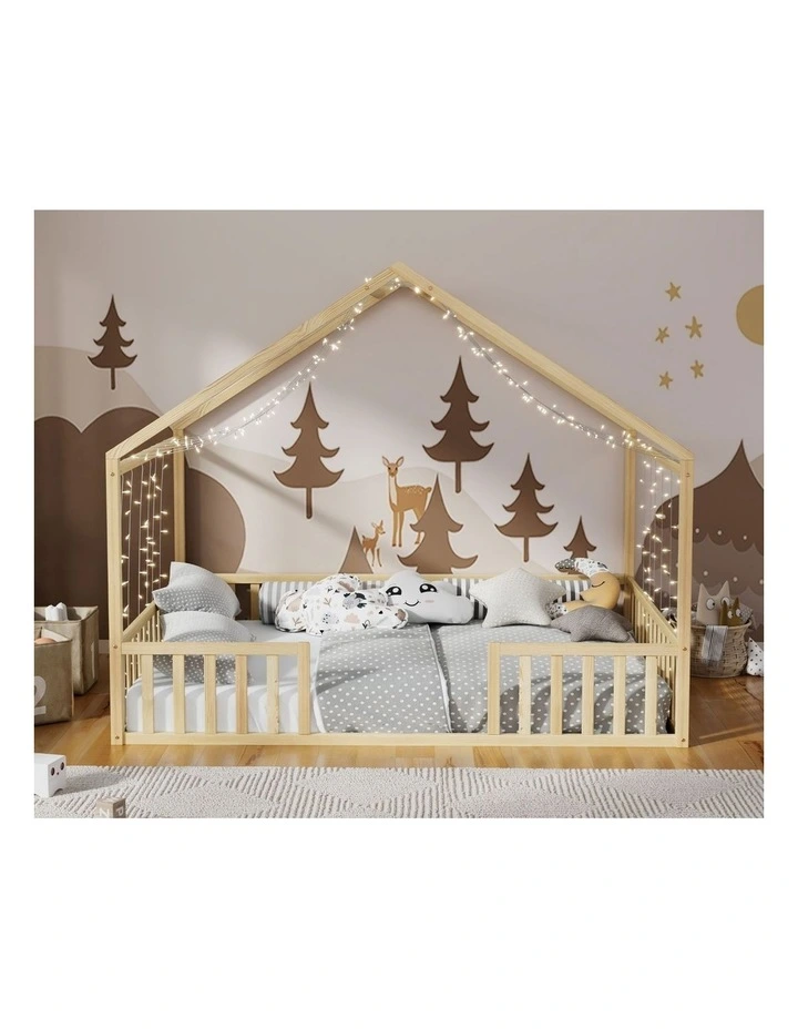 Oikiture Double House Beds Kids Wooden Bed Frame Timber Slats Free Base Natural image 5