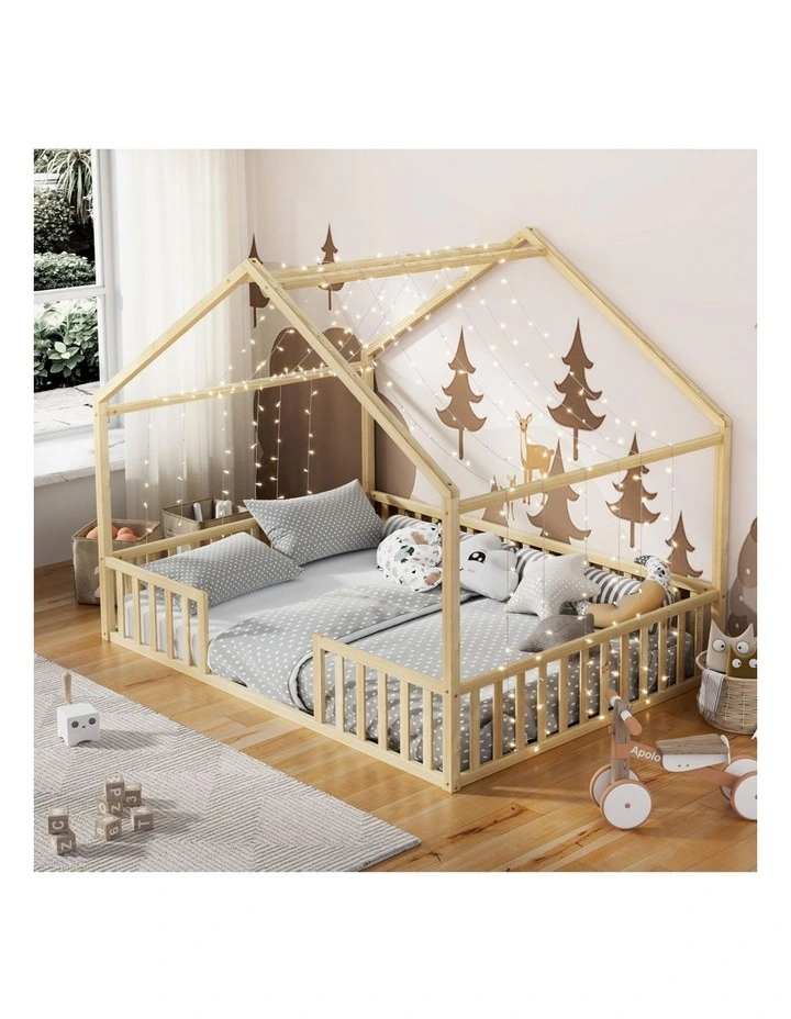 Oikiture Double House Beds Kids Wooden Bed Frame Timber Slats Free Base Natural image 7
