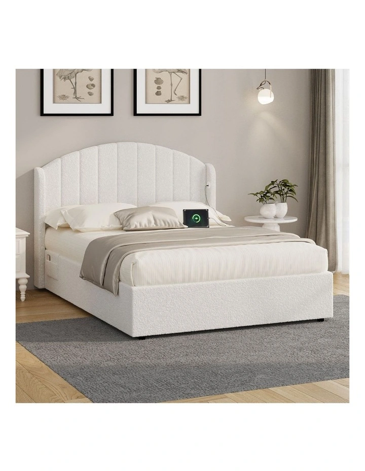 Oikiture Bed Frame Double Size With Gas Lift Storage USB Charging Boucle image 4